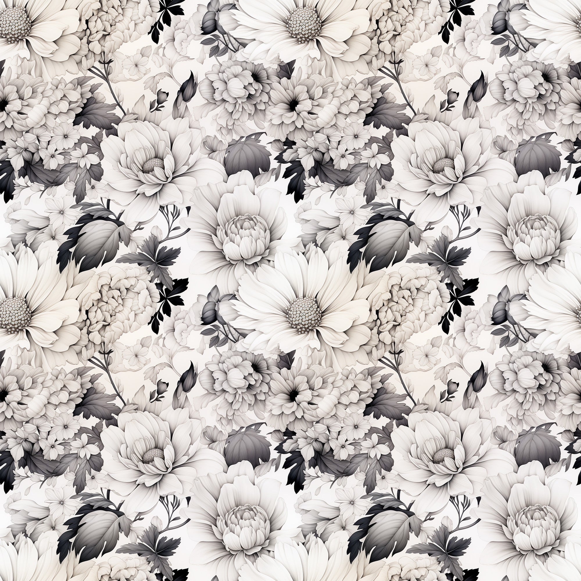 white flowers, gray florals, monochrome botanical, dahlia blooms, chrysanthemum pattern, vintage floral, seamless repeat,, fabric panel, neutral tones, botanical illustration, layered petals, detailed leaves, romantic florals, grayscale design, floral motifs, textile pattern, cotton fabric, nature inspired, delicate blooms