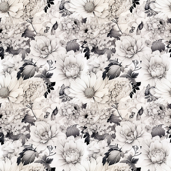 white flowers, gray florals, monochrome botanical, dahlia blooms, chrysanthemum pattern, vintage floral, seamless repeat,, fabric panel, neutral tones, botanical illustration, layered petals, detailed leaves, romantic florals, grayscale design, floral motifs, textile pattern, cotton fabric, nature inspired, delicate blooms