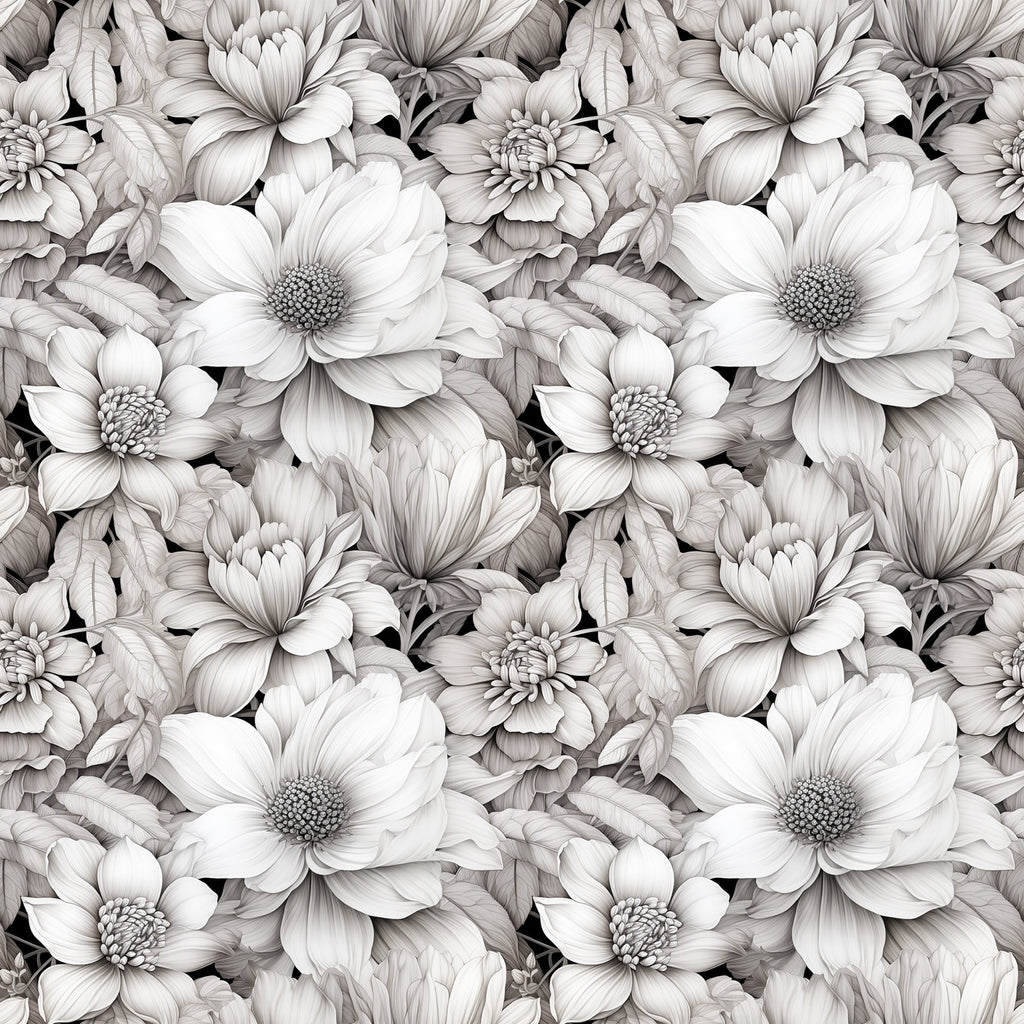 white flowers, monochrome floral, grayscale blooms, botanical pattern, seamless repeat,, fabric panel, detailed petals, layered florals, vintage style, elegant design, neutral tones, cotton fabric, floral motifs, artistic rendering, sophisticated pattern, nature inspired, delicate flowers, textile design