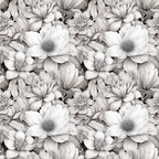 white flowers, monochrome floral, grayscale blooms, botanical pattern, seamless repeat,, fabric panel, detailed petals, layered florals, vintage style, elegant design, neutral tones, cotton fabric, floral motifs, artistic rendering, sophisticated pattern, nature inspired, delicate flowers, textile design