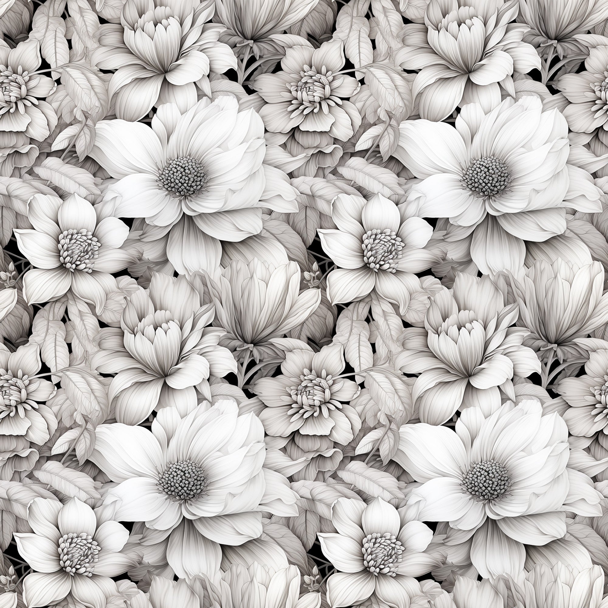 white flowers, monochrome floral, grayscale blooms, botanical pattern, seamless repeat,, fabric panel, detailed petals, layered florals, vintage style, elegant design, neutral tones, cotton fabric, floral motifs, artistic rendering, sophisticated pattern, nature inspired, delicate flowers, textile design