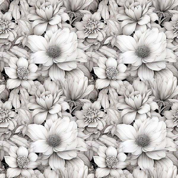 white flowers, monochrome floral, grayscale blooms, botanical pattern, seamless repeat,, fabric panel, detailed petals, layered florals, vintage style, elegant design, neutral tones, cotton fabric, floral motifs, artistic rendering, sophisticated pattern, nature inspired, delicate flowers, textile design