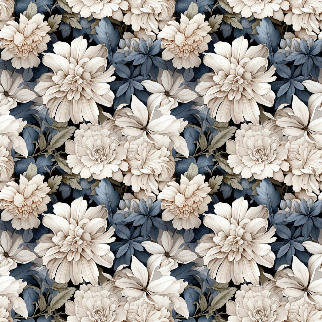 white flowers, cream blossoms, blue-gray leaves, dusty blue foliage, navy accents, floral pattern, botanical design, dahlias, peonies, layered petals, vintage style, muted tones, seamless repeat,, fabric panel, romantic mood, soft palette, detailed flowers, natural elements, textile design