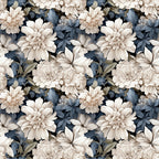 white flowers, cream blossoms, blue-gray leaves, dusty blue foliage, navy accents, floral pattern, botanical design, dahlias, peonies, layered petals, vintage style, muted tones, seamless repeat,, fabric panel, romantic mood, soft palette, detailed flowers, natural elements, textile design