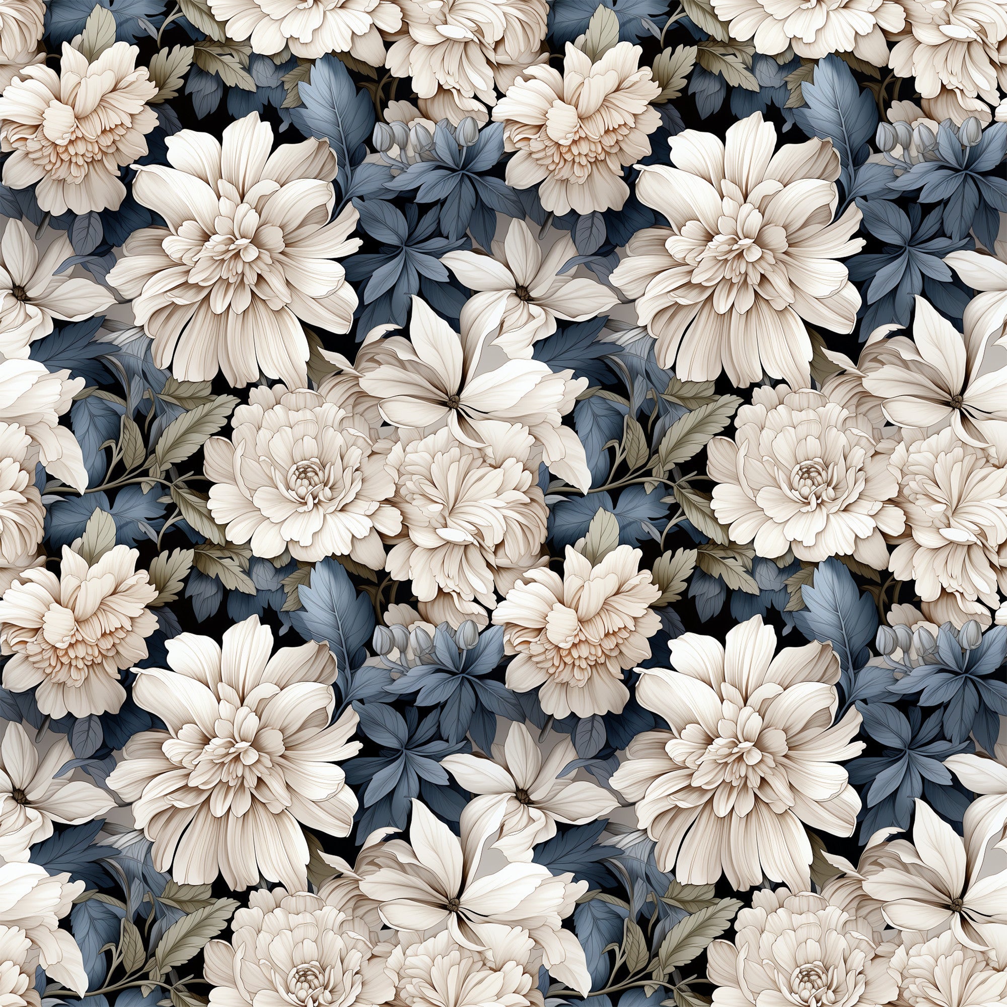 white flowers, cream blossoms, blue-gray leaves, dusty blue foliage, navy accents, floral pattern, botanical design, dahlias, peonies, layered petals, vintage style, muted tones, seamless repeat,, fabric panel, romantic mood, soft palette, detailed flowers, natural elements, textile design