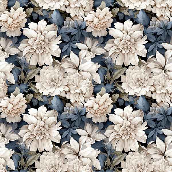 white flowers, cream blossoms, blue-gray leaves, dusty blue foliage, navy accents, floral pattern, botanical design, dahlias, peonies, layered petals, vintage style, muted tones, seamless repeat,, fabric panel, romantic mood, soft palette, detailed flowers, natural elements, textile design