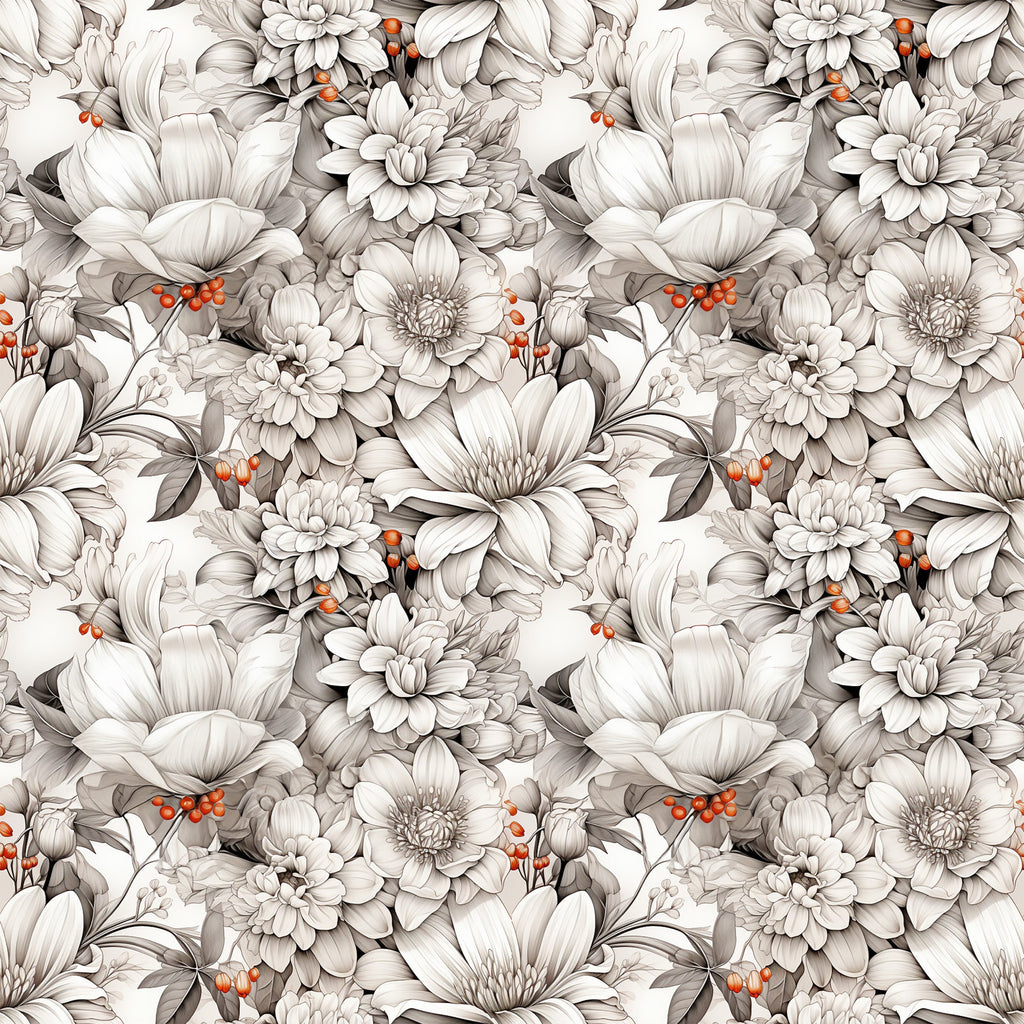 white flowers, cream petals, gray shading, orange berries, botanical pattern, floral design, seamless repeat, vintage style, monochromatic blooms,, fabric panel, detailed illustration, romantic florals, soft tones, nature motifs, repeating pattern, delicate flowers, muted colors, cotton fabric
