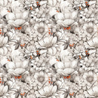 white flowers, cream petals, gray shading, orange berries, botanical pattern, floral design, seamless repeat, vintage style, monochromatic blooms,, fabric panel, detailed illustration, romantic florals, soft tones, nature motifs, repeating pattern, delicate flowers, muted colors, cotton fabric
