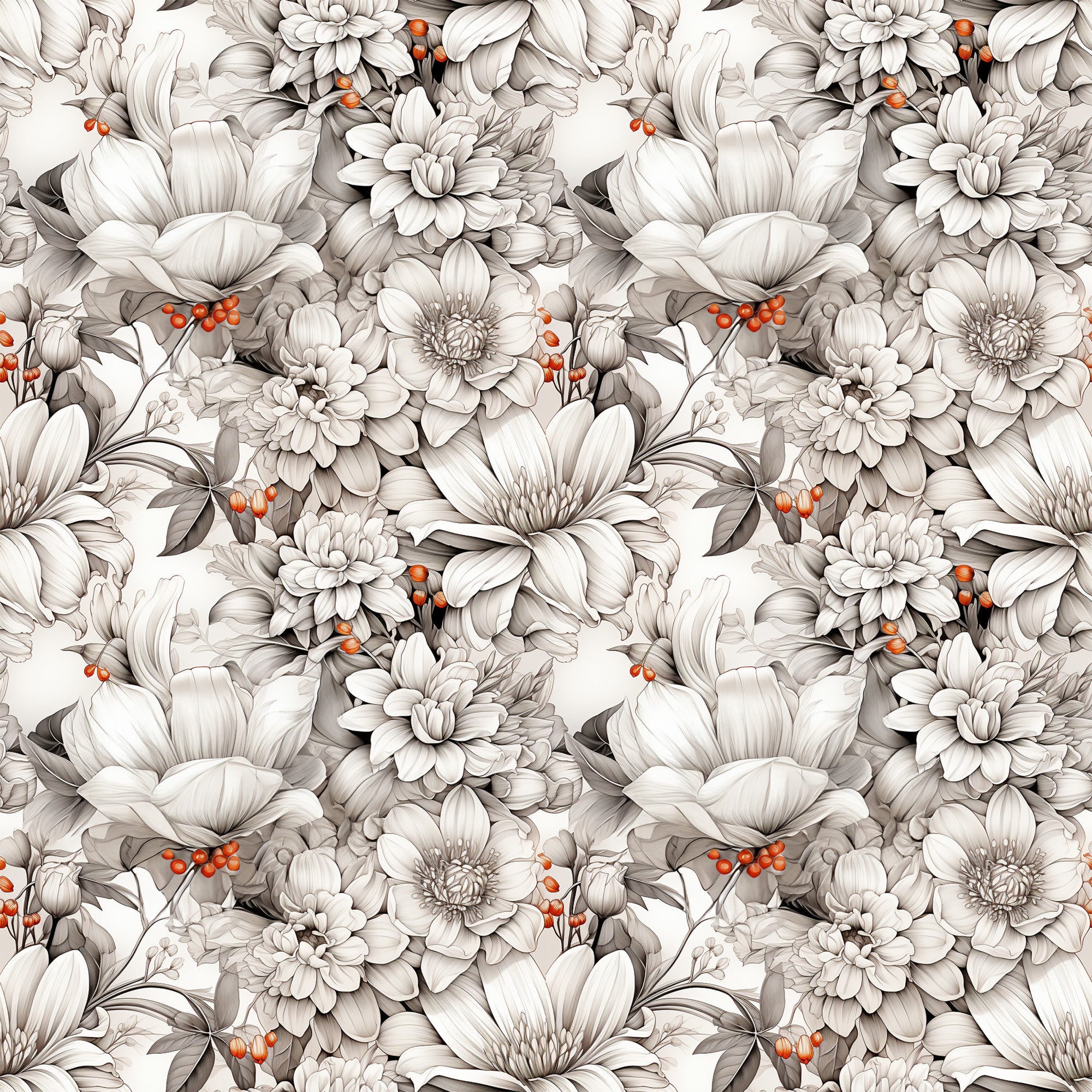 white flowers, cream petals, gray shading, orange berries, botanical pattern, floral design, seamless repeat, vintage style, monochromatic blooms,, fabric panel, detailed illustration, romantic florals, soft tones, nature motifs, repeating pattern, delicate flowers, muted colors, cotton fabric