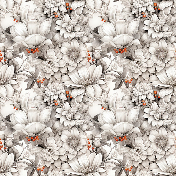 white flowers, cream petals, gray shading, orange berries, botanical pattern, floral design, seamless repeat, vintage style, monochromatic blooms,, fabric panel, detailed illustration, romantic florals, soft tones, nature motifs, repeating pattern, delicate flowers, muted colors, cotton fabric