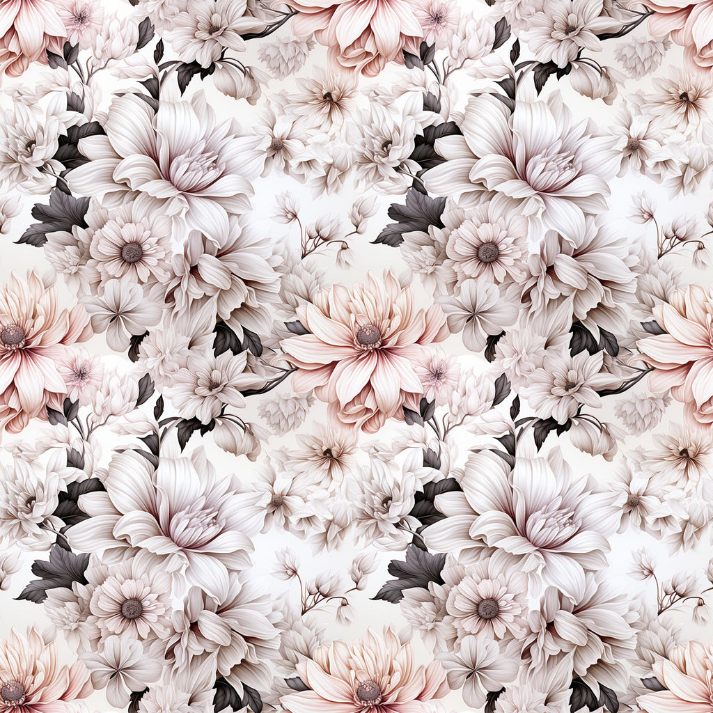 white flowers, blush pink, dusty rose, charcoal gray, floral pattern, botanical design, large blooms, petals, leaves, seamless repeat,, fabric panel, romantic mood, soft tones, elegant florals, vintage style, muted colors, garden flowers, textile design, crafting fabric