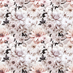 white flowers, blush pink, dusty rose, charcoal gray, floral pattern, botanical design, large blooms, petals, leaves, seamless repeat,, fabric panel, romantic mood, soft tones, elegant florals, vintage style, muted colors, garden flowers, textile design, crafting fabric