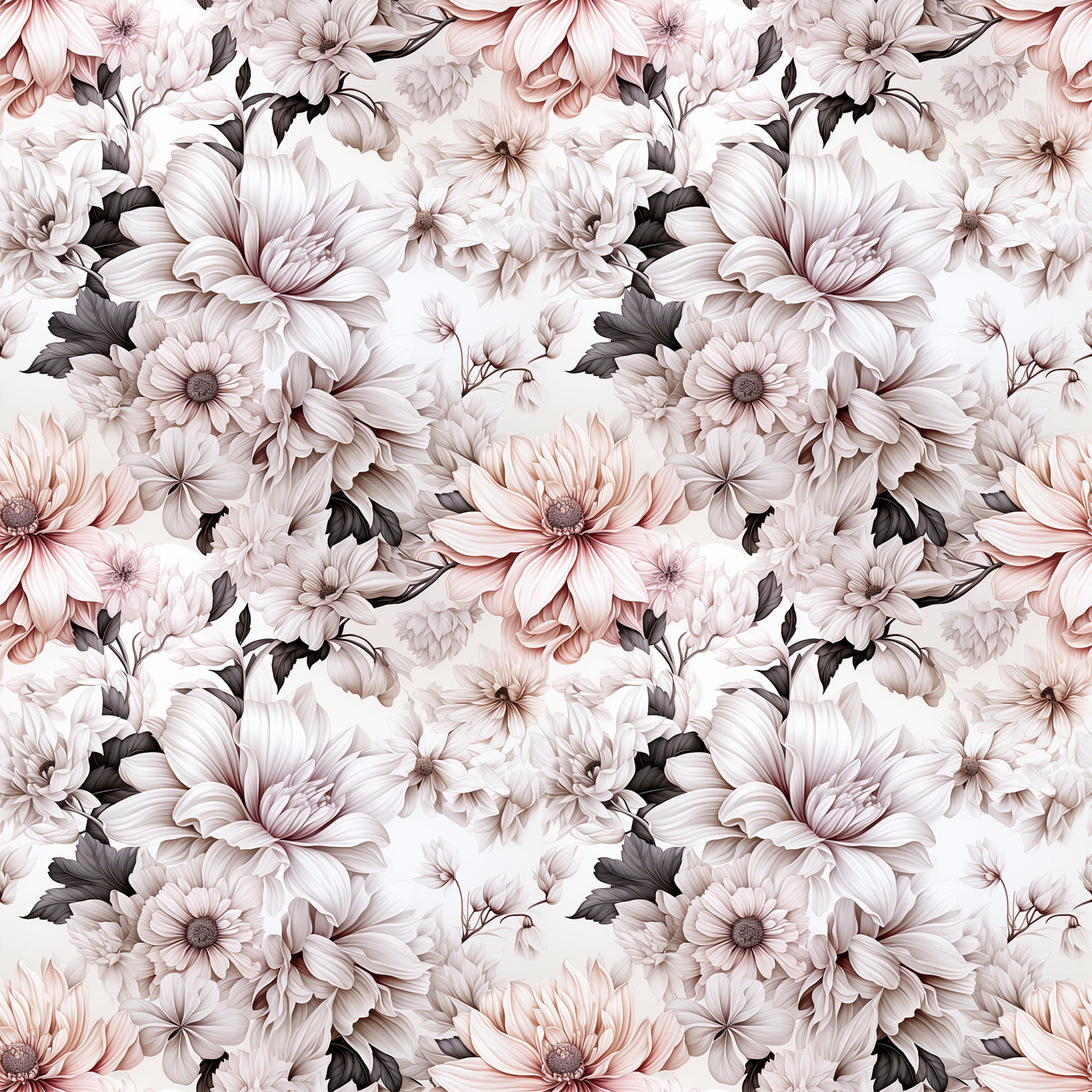 white flowers, blush pink, dusty rose, charcoal gray, floral pattern, botanical design, large blooms, petals, leaves, seamless repeat,, fabric panel, romantic mood, soft tones, elegant florals, vintage style, muted colors, garden flowers, textile design, crafting fabric