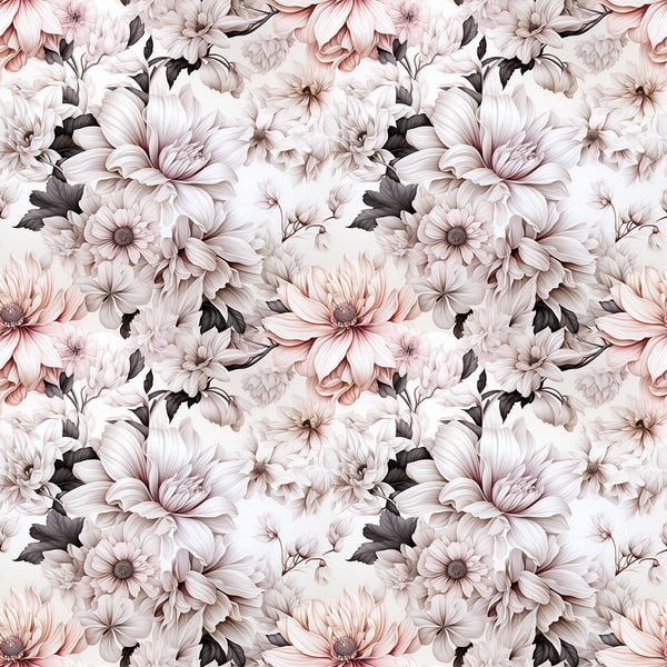 white flowers, blush pink, dusty rose, charcoal gray, floral pattern, botanical design, large blooms, petals, leaves, seamless repeat,, fabric panel, romantic mood, soft tones, elegant florals, vintage style, muted colors, garden flowers, textile design, crafting fabric