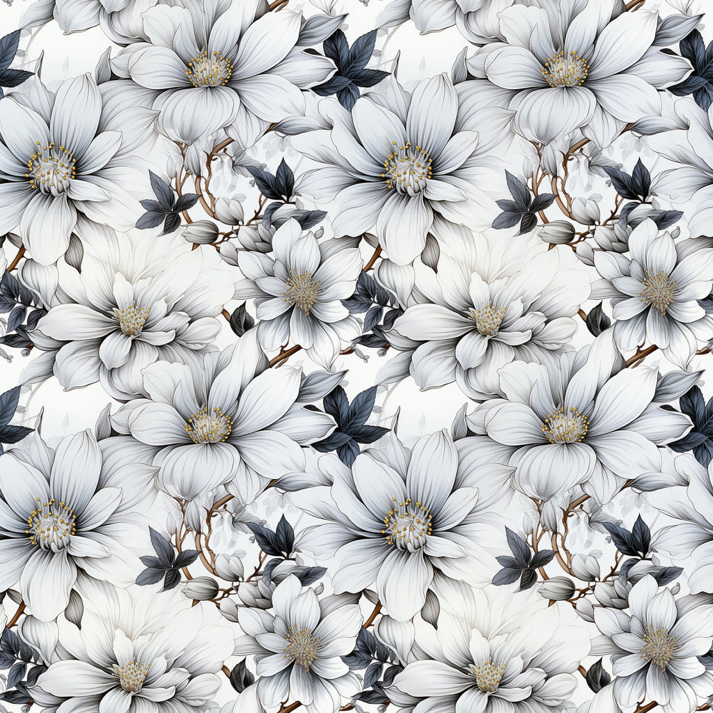 white flowers, gray petals, yellow centers, dark leaves, brown stems, floral pattern, botanical design, repeating motif,, fabric panel, delicate blooms, nature inspired, soft tones, monochromatic palette, elegant florals, seamless repeat, vintage style, romantic mood, cotton fabric, crafting material