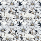 white flowers, gray petals, yellow centers, dark leaves, brown stems, floral pattern, botanical design, repeating motif,, fabric panel, delicate blooms, nature inspired, soft tones, monochromatic palette, elegant florals, seamless repeat, vintage style, romantic mood, cotton fabric, crafting material
