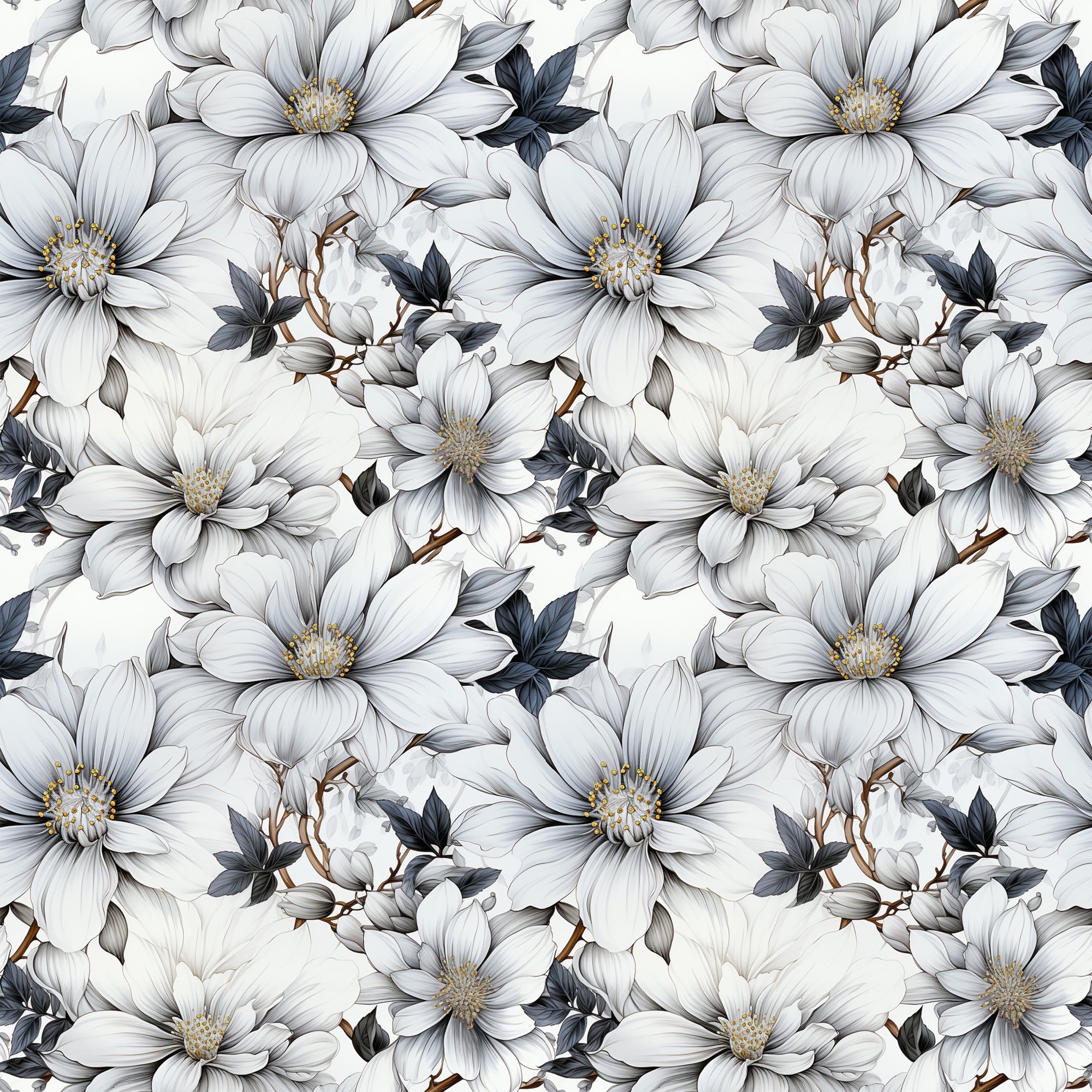 white flowers, gray petals, yellow centers, dark leaves, brown stems, floral pattern, botanical design, repeating motif,, fabric panel, delicate blooms, nature inspired, soft tones, monochromatic palette, elegant florals, seamless repeat, vintage style, romantic mood, cotton fabric, crafting material