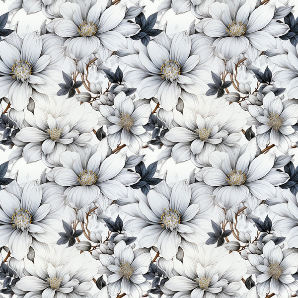 white flowers, gray petals, yellow centers, dark leaves, brown stems, floral pattern, botanical design, repeating motif,, fabric panel, delicate blooms, nature inspired, soft tones, monochromatic palette, elegant florals, seamless repeat, vintage style, romantic mood, cotton fabric, crafting material