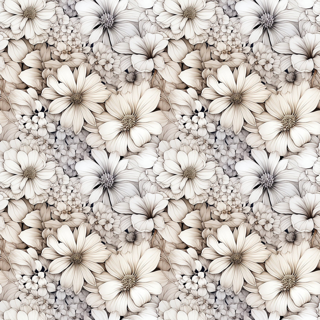 white flowers, cream petals, beige tones, neutral palette, floral pattern, botanical design, daisy-like blooms, cosmos flowers, clustered blossoms, vintage style, soft shading,, fabric panel, seamless repeat, delicate petals, flower centers, monochromatic florals, textile design, crafting material