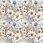 white flowers, cream petals, beige tones, neutral palette, floral pattern, botanical design, daisy-like blooms, cosmos flowers, clustered blossoms, vintage style, soft shading,, fabric panel, seamless repeat, delicate petals, flower centers, monochromatic florals, textile design, crafting material