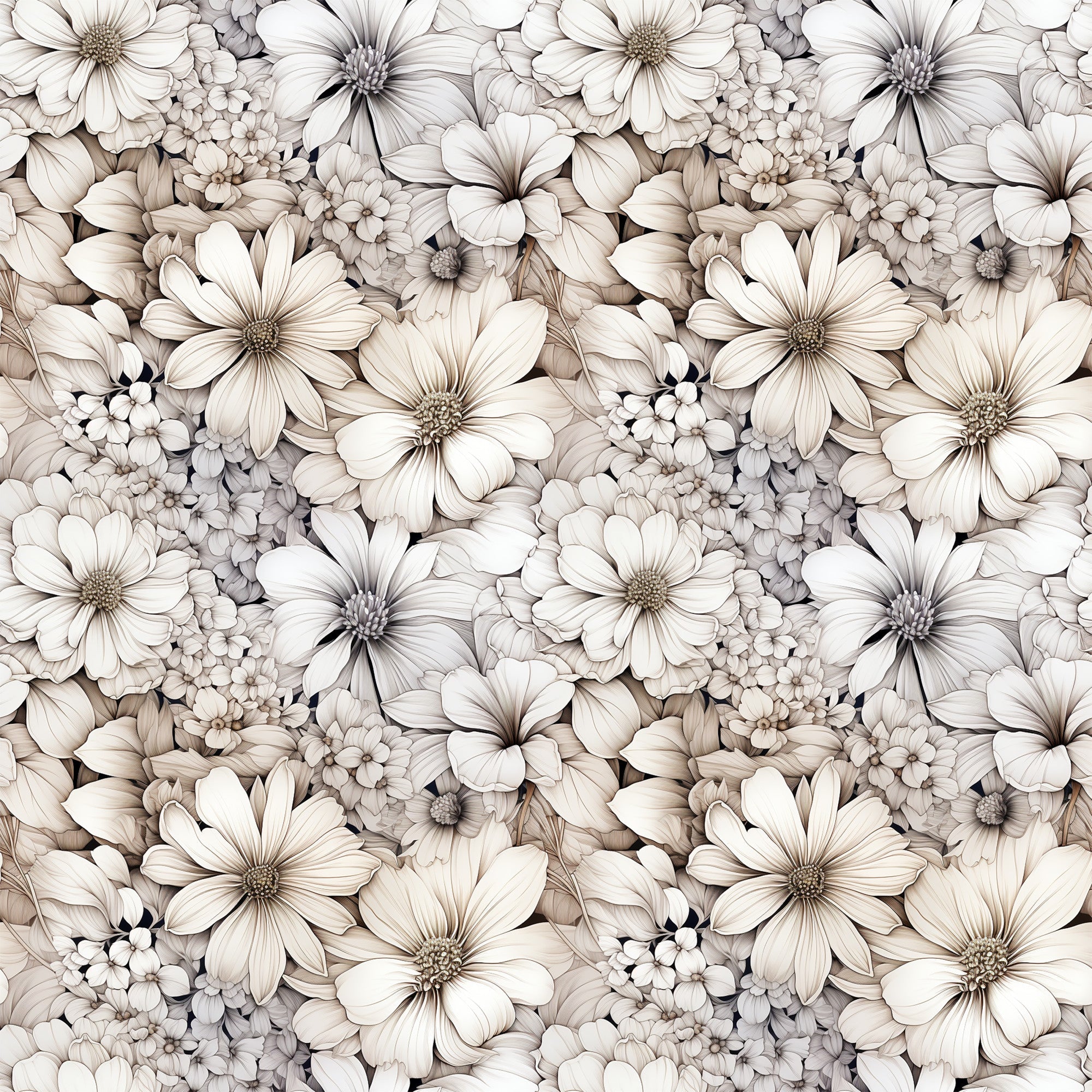 white flowers, cream petals, beige tones, neutral palette, floral pattern, botanical design, daisy-like blooms, cosmos flowers, clustered blossoms, vintage style, soft shading,, fabric panel, seamless repeat, delicate petals, flower centers, monochromatic florals, textile design, crafting material