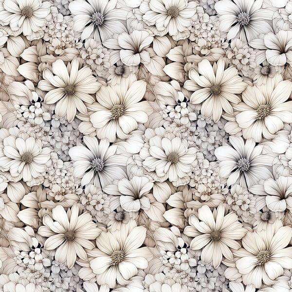 white flowers, cream petals, beige tones, neutral palette, floral pattern, botanical design, daisy-like blooms, cosmos flowers, clustered blossoms, vintage style, soft shading,, fabric panel, seamless repeat, delicate petals, flower centers, monochromatic florals, textile design, crafting material