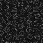 Seamless pattern of white outline sewing machines and thread spools on a black background.