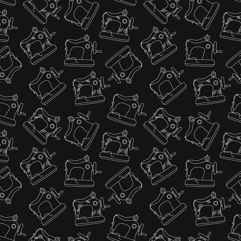 Seamless pattern of white outline sewing machines and thread spools on a black background.