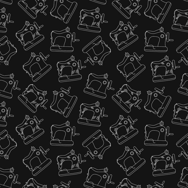 Seamless pattern of white outline sewing machines and thread spools on a black background.