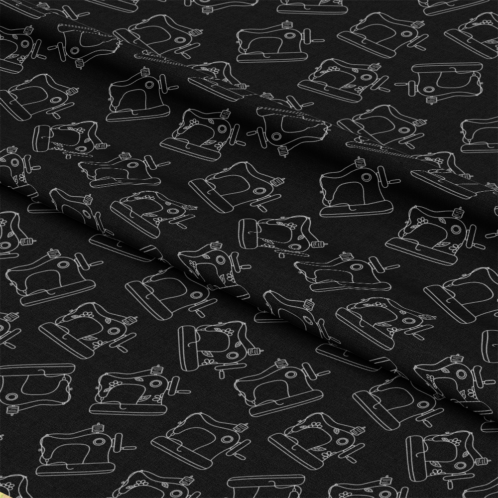 White on Black Vintage Sewing Machines Quilting Cotton Fabric