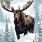 Illustration of a moose standing in a snowy forest with falling snowflakes and tall, snow-covered pine trees in the background.