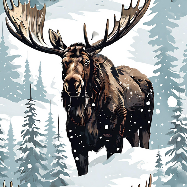Illustration of a moose standing in a snowy forest with falling snowflakes and tall, snow-covered pine trees in the background.