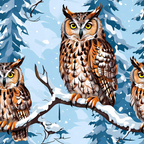 Three owls with intricate brown and white feathers sit on a snow-covered branch against a snowy forest backdrop.