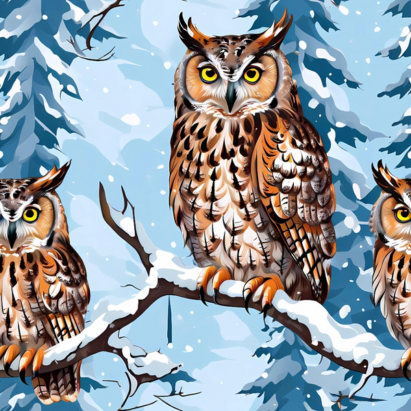 Three owls with intricate brown and white feathers sit on a snow-covered branch against a snowy forest backdrop.