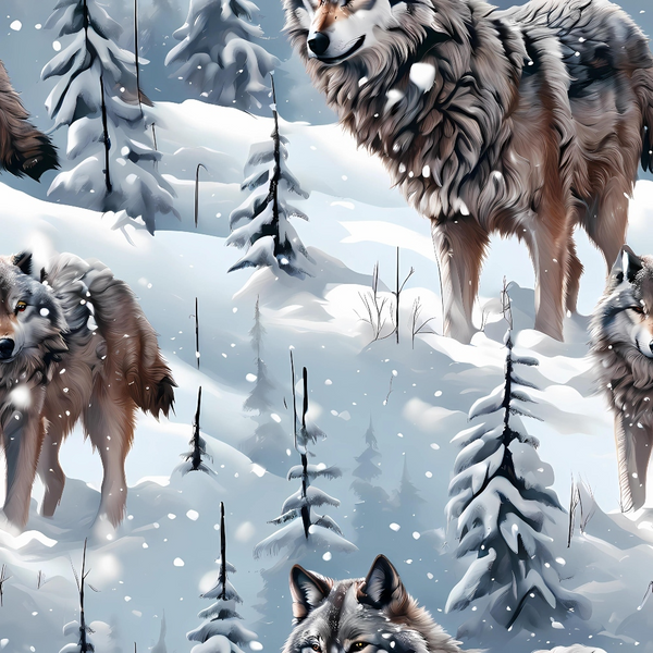 Wolves standing in a snowy forest with snow-covered trees and falling snowflakes.