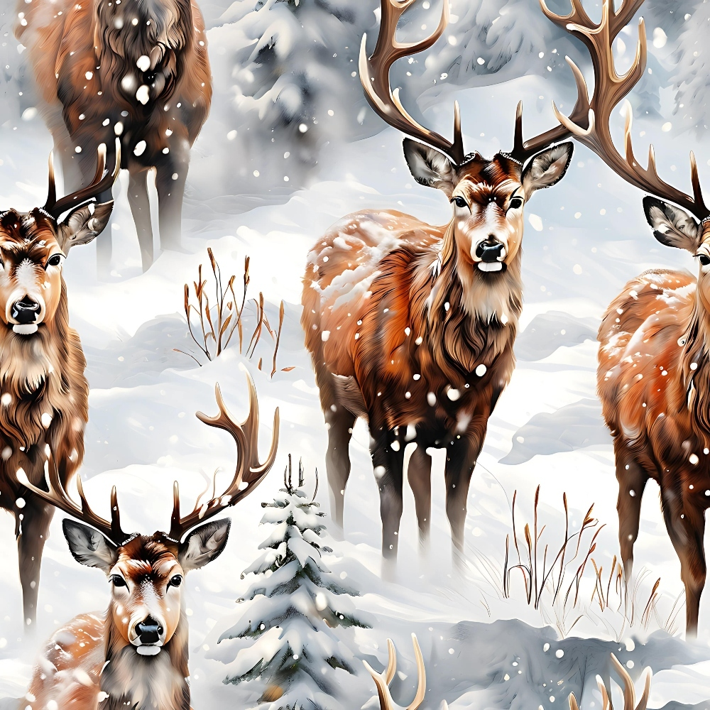 Illustration of multiple deer with antlers standing in a snowy forest, surrounded by snow-covered trees and falling snowflakes.