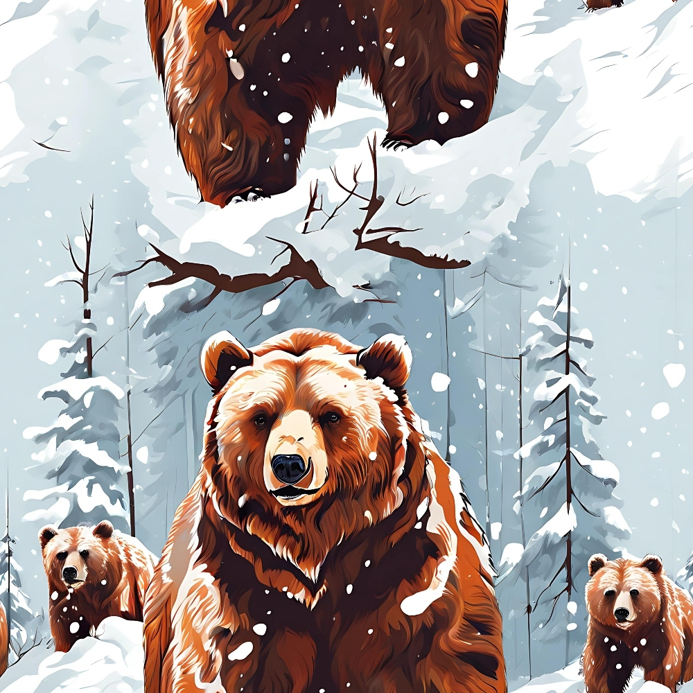 Illustration of three bears in a snowy forest setting, with snowflakes falling and trees in the background. The largest bear stands prominently in the foreground.