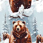 Illustration of three bears in a snowy forest setting, with snowflakes falling and trees in the background. The largest bear stands prominently in the foreground.