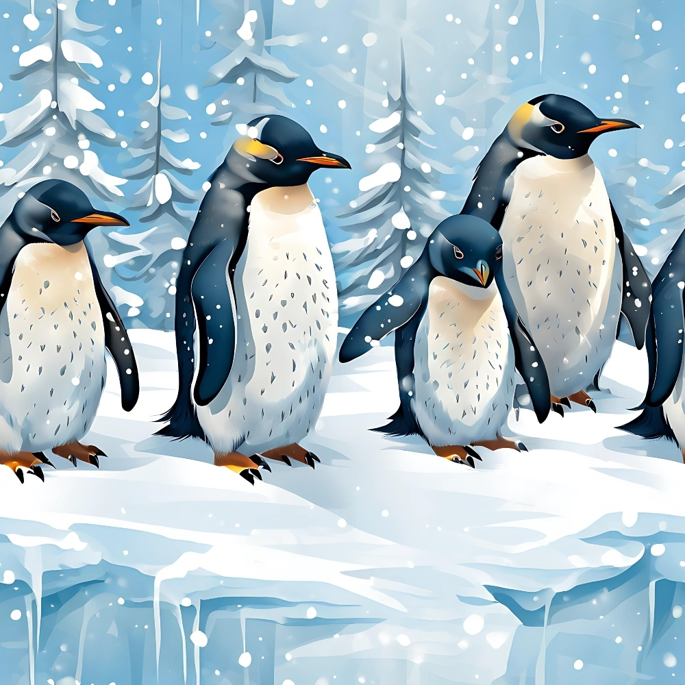 Illustration of five penguins standing on snowy ice with snow-covered trees in the background.