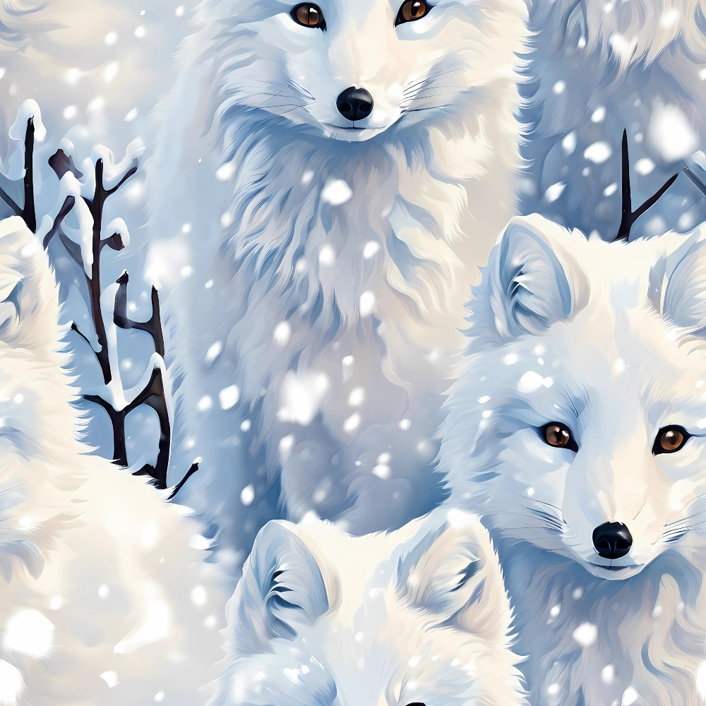 Illustration of multiple Arctic foxes among snowflakes, with fluffy white fur and alert expressions, set against a snowy background.