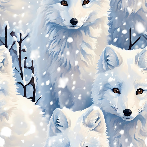 Illustration of multiple Arctic foxes among snowflakes, with fluffy white fur and alert expressions, set against a snowy background.