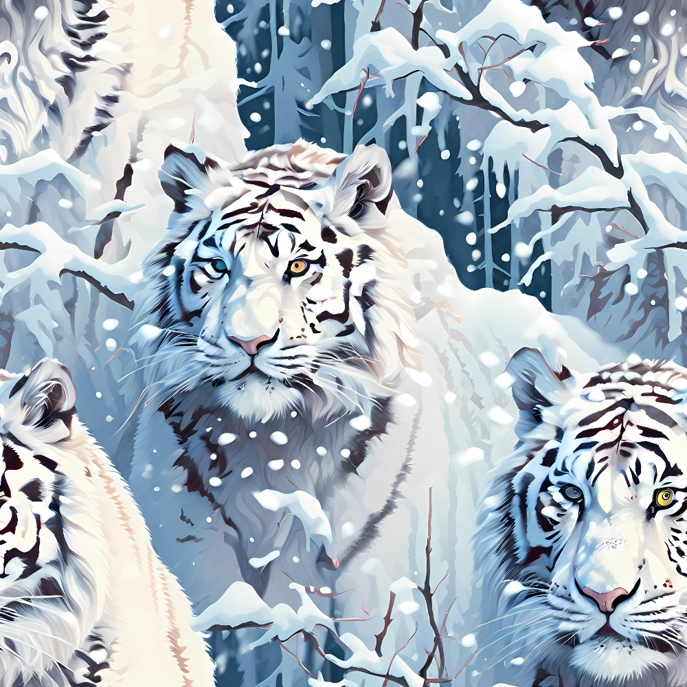 Illustrated white tigers in a snowy forest, surrounded by snow-covered branches and falling snowflakes.