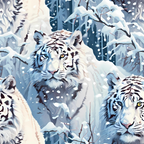 Illustrated white tigers in a snowy forest, surrounded by snow-covered branches and falling snowflakes.