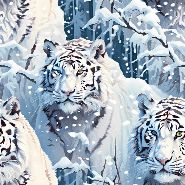 Illustrated white tigers in a snowy forest, surrounded by snow-covered branches and falling snowflakes.