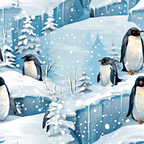 Illustration of several penguins on snowy terrain with snow-covered trees and falling snowflakes.