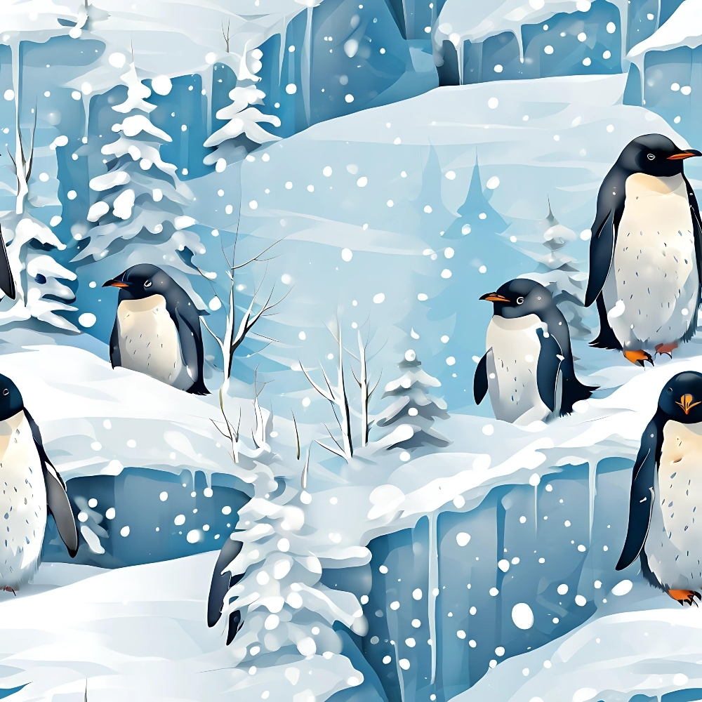 Illustration of several penguins on snowy terrain with snow-covered trees and falling snowflakes.