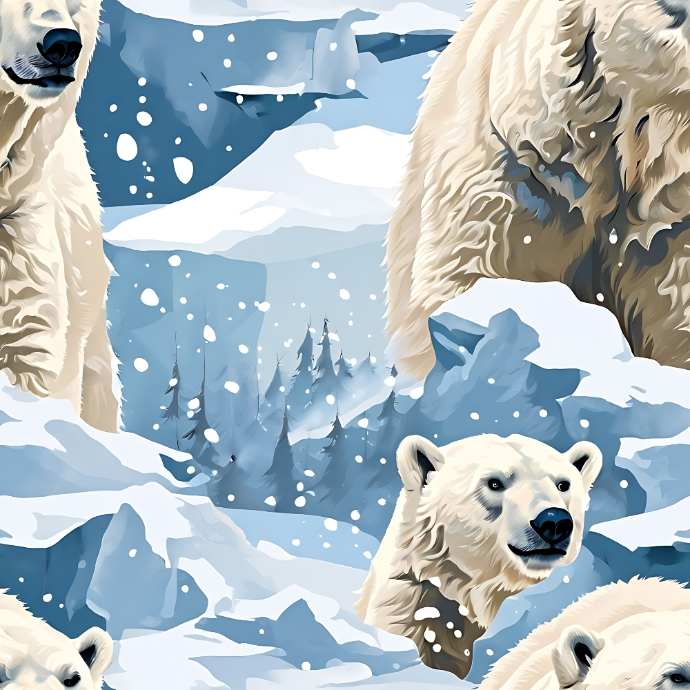 Illustrated scene of polar bears in a snowy, mountainous landscape with pine trees and falling snowflakes.