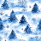 Watercolor pattern of blue pine trees, snowflakes, and bare branches on a snowy backdrop.