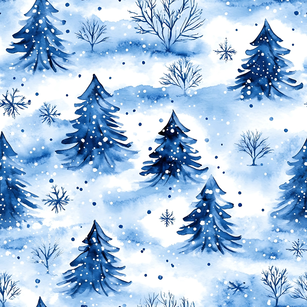 Watercolor pattern of blue pine trees, snowflakes, and bare branches on a snowy backdrop.