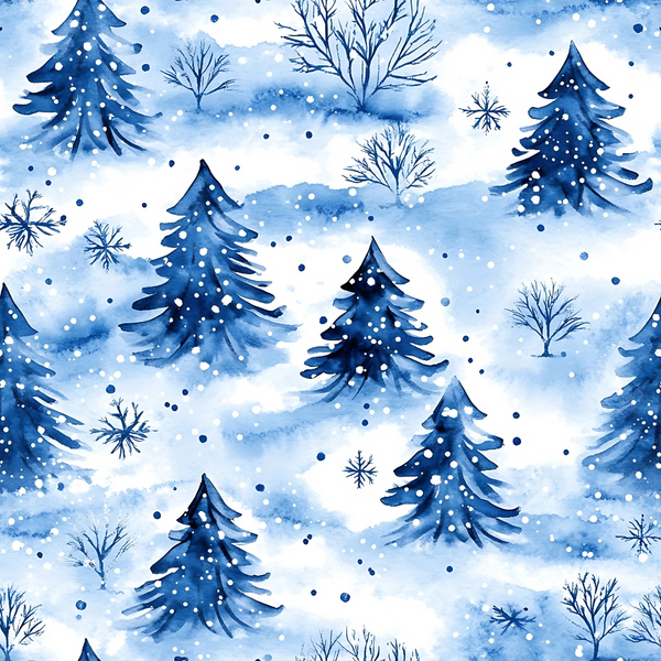Watercolor pattern of blue pine trees, snowflakes, and bare branches on a snowy backdrop.